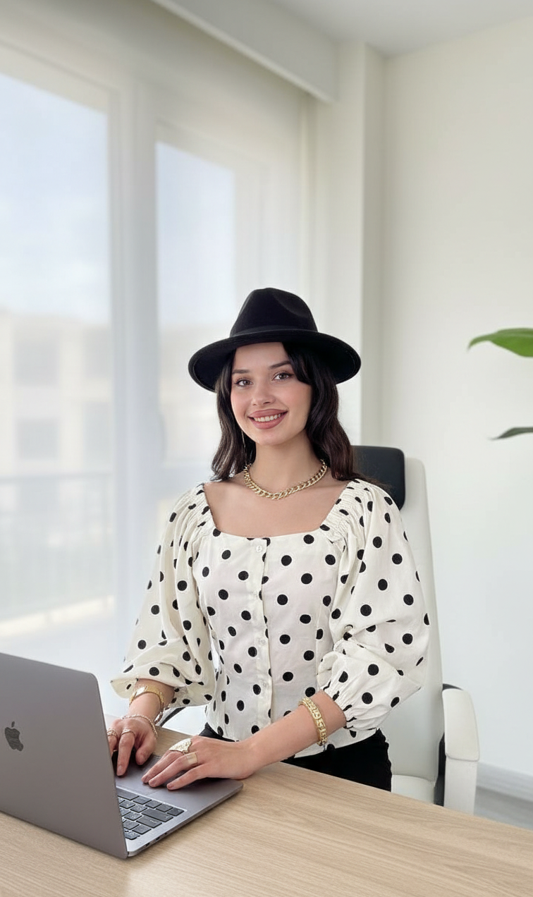 Blouse Ajustée à Pois Noirs, Col Carré et Manches Bouffantes