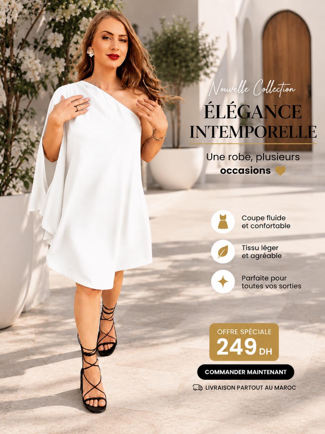 Robe Soirée Élégance Royale – Coupe Asymétrique & Manche Cape