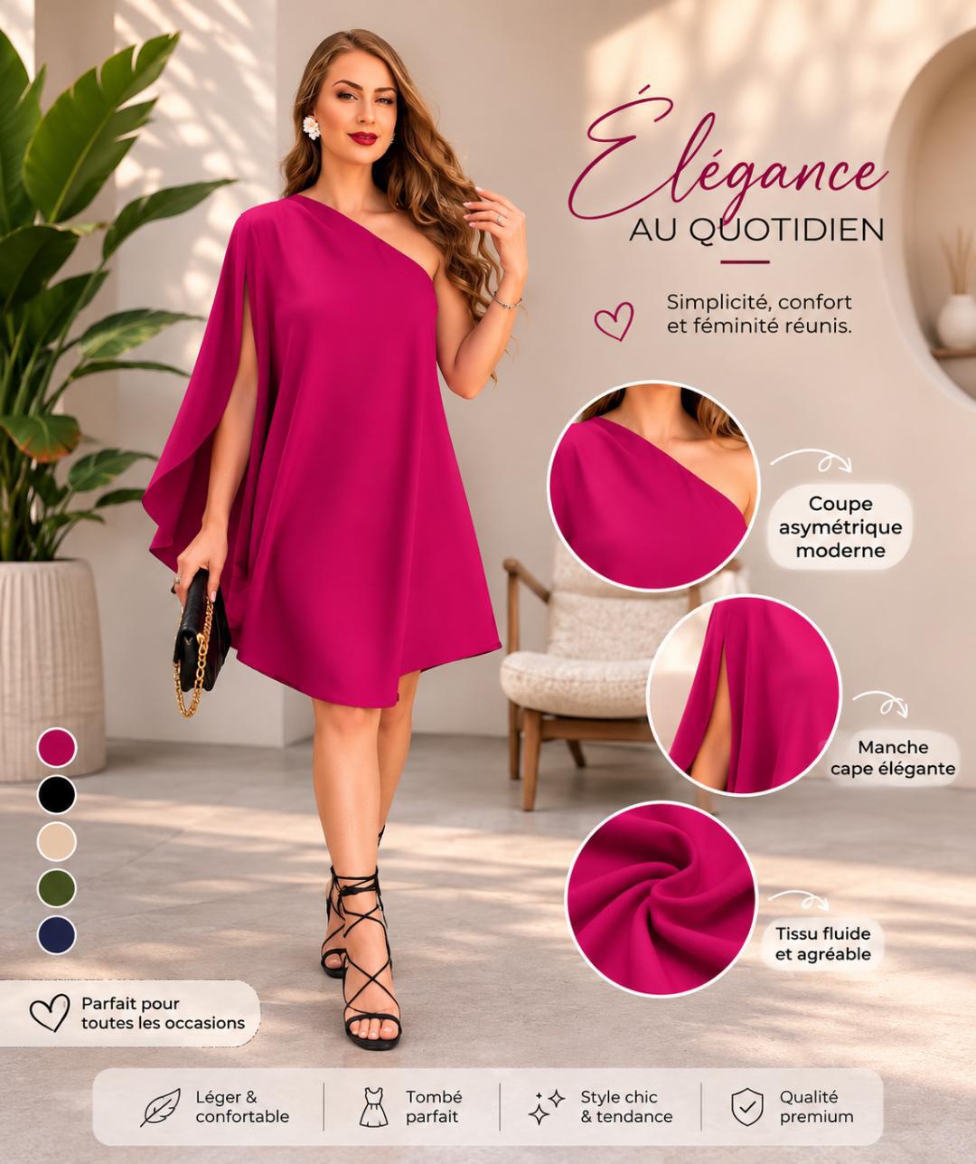 Robe Soirée Élégance Royale – Coupe Asymétrique & Manche Cape