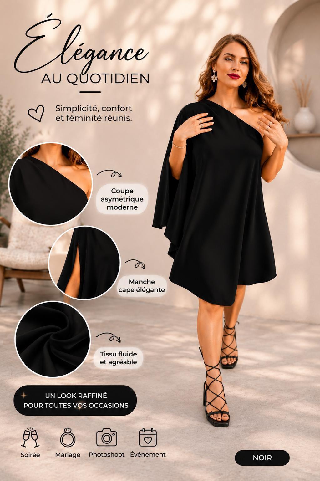 Robe Soirée Élégance Royale – Coupe Asymétrique & Manche Cape