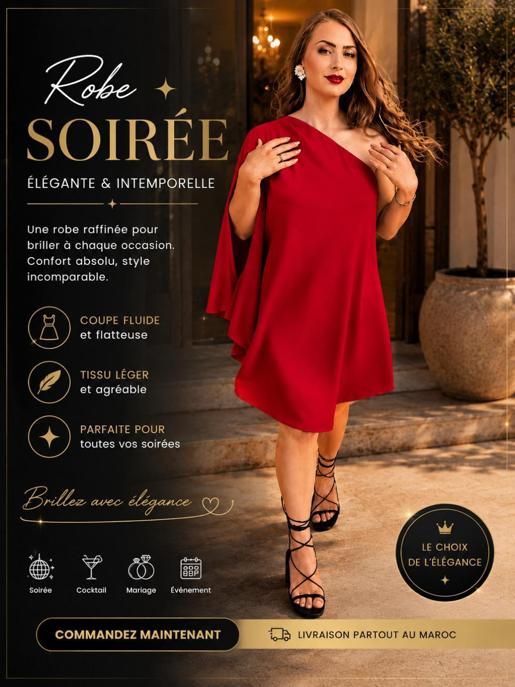 Robe Soirée Élégance Royale – Coupe Asymétrique & Manche Cape