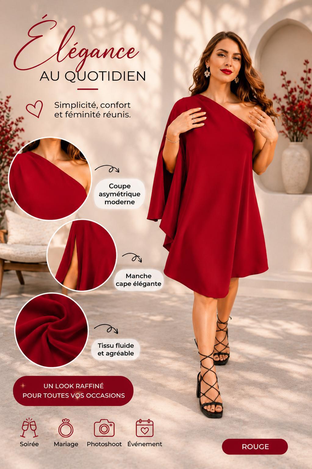 Robe Soirée Élégance Royale – Coupe Asymétrique & Manche Cape